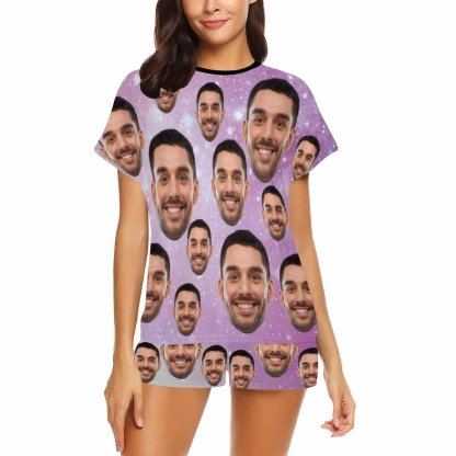 FacePajamas Pajama Custom Face Pajamas for Women Purple Sky Sleepwear Personalized Women's Short Pajama Set
