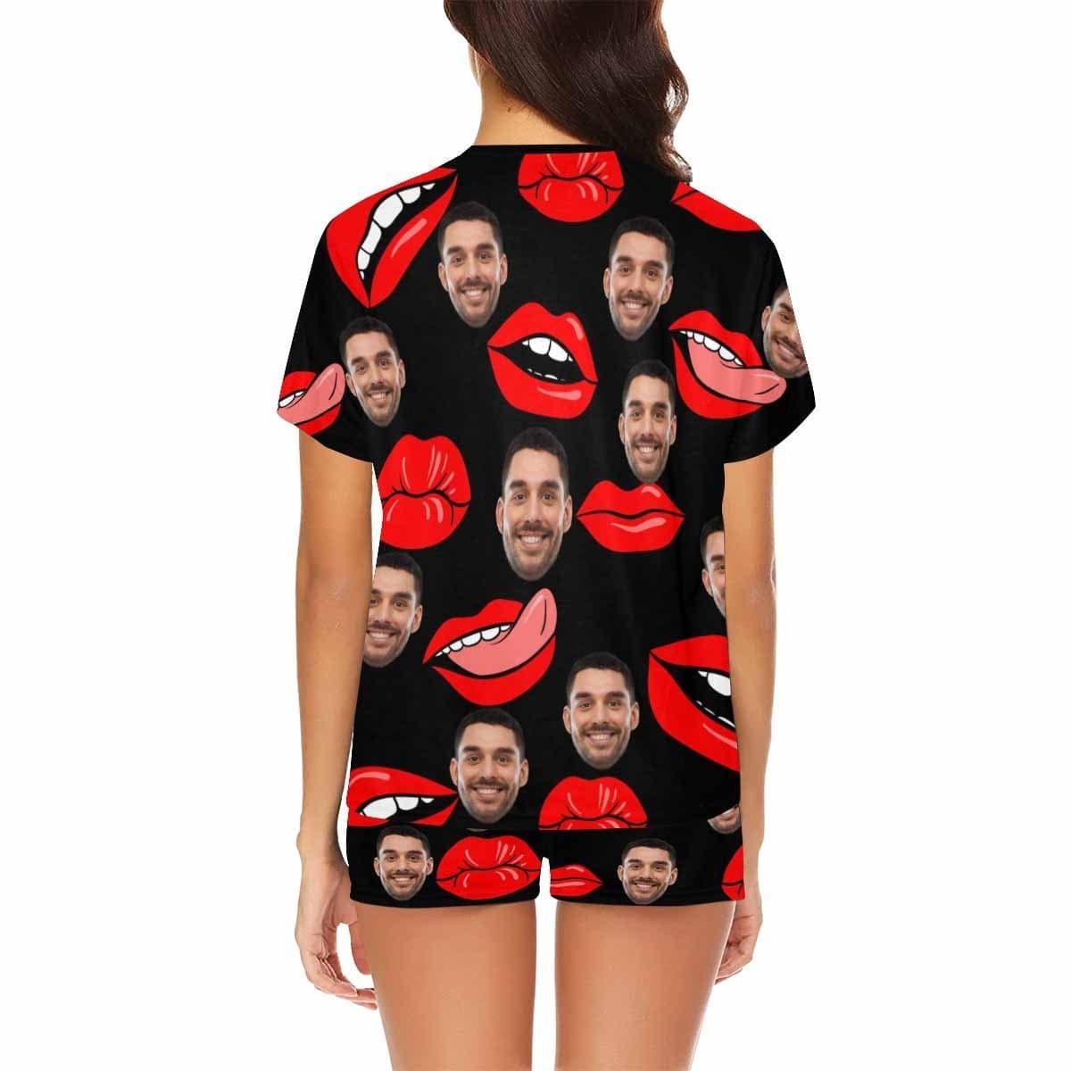 FacePajamas Pajama Custom Face Pajamas for Women Red Lips Sleepwear Personalized Funny Women's Short Pajama Set