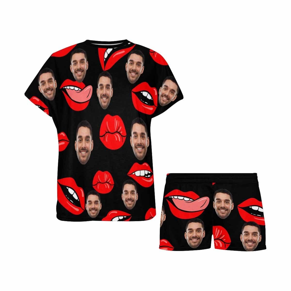 FacePajamas Pajama Custom Face Pajamas for Women Red Lips Sleepwear Personalized Funny Women's Short Pajama Set