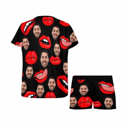 FacePajamas Pajama Custom Face Pajamas for Women Red Lips Sleepwear Personalized Funny Women's Short Pajama Set