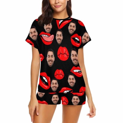 FacePajamas Pajama Custom Face Pajamas for Women Red Lips Sleepwear Personalized Funny Women's Short Pajama Set