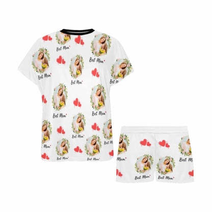 FacePajamas 387520921847 Custom Face Pajamas Garland And Red Heart Loungewear Personalized Women's Short Pajama Set for Mother's Day & Birthday Gift