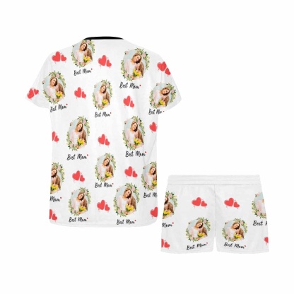 FacePajamas 387520921847 Custom Face Pajamas Garland And Red Heart Loungewear Personalized Women's Short Pajama Set for Mother's Day & Birthday Gift