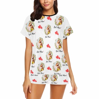 FacePajamas 387520921847 Custom Face Pajamas Garland And Red Heart Loungewear Personalized Women's Short Pajama Set for Mother's Day & Birthday Gift