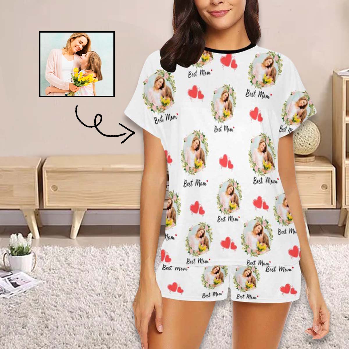 FacePajamas 387520921847 Custom Face Pajamas Garland And Red Heart Loungewear Personalized Women's Short Pajama Set for Mother's Day & Birthday Gift