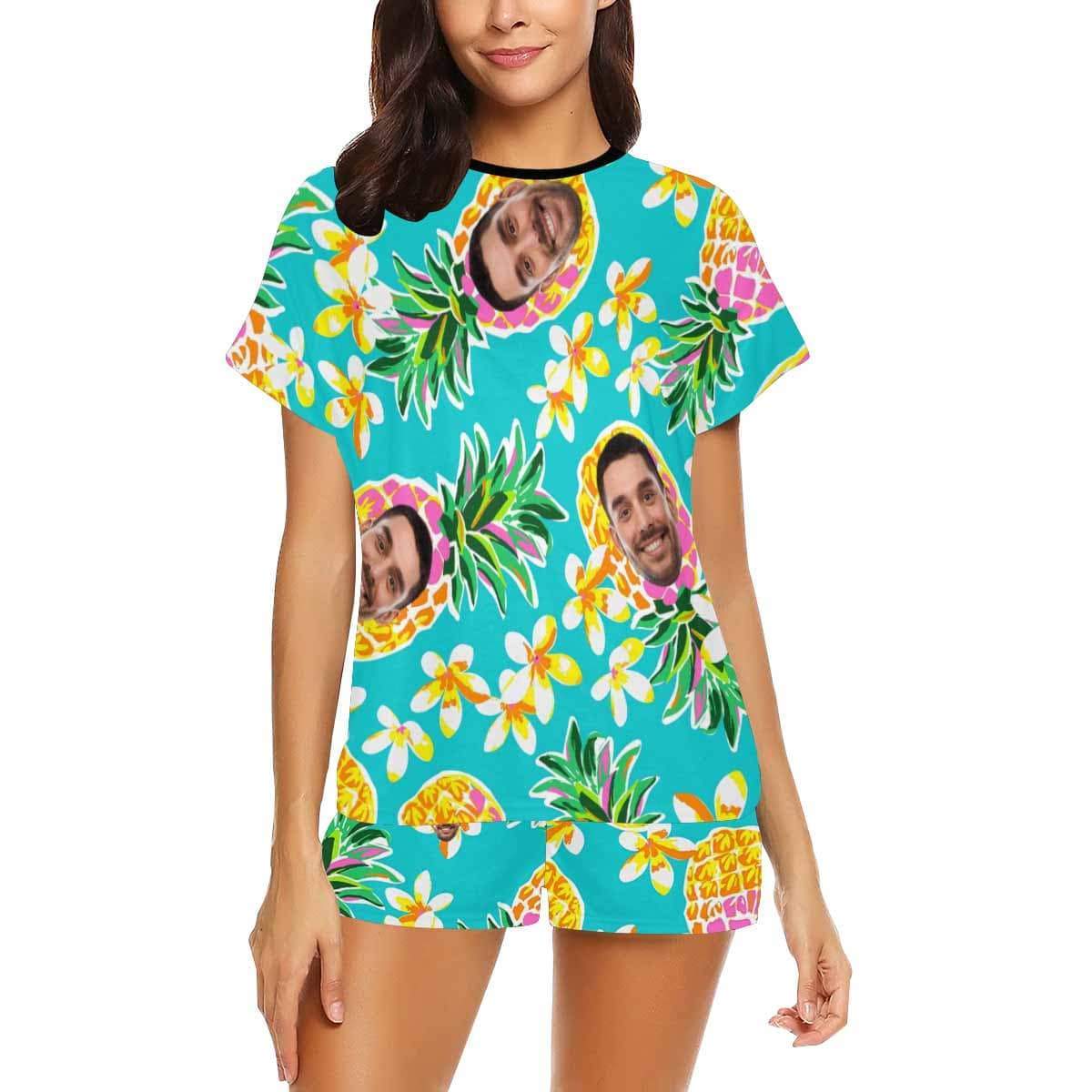 FacePajamas Pajama Custom Face Pajamas Green Pineapple Summer Loungewear Personalized Women's Short Pajama Set