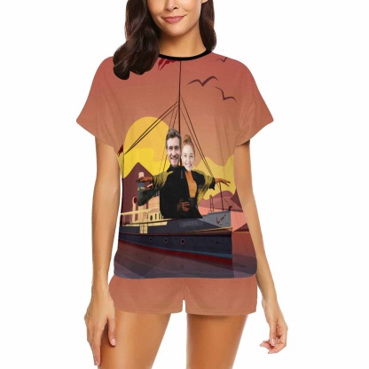 FacePajamas Custom Face Pajamas Hug My Lover Personalized Pictures Women's All Over Print Short Crew Neck Pajama Set