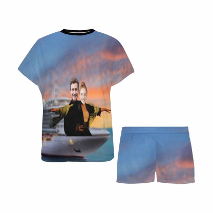 FacePajamas Custom Face Pajamas Hug My Lover Personalized Pictures Women's All Over Print Short Crew Neck Pajama Set