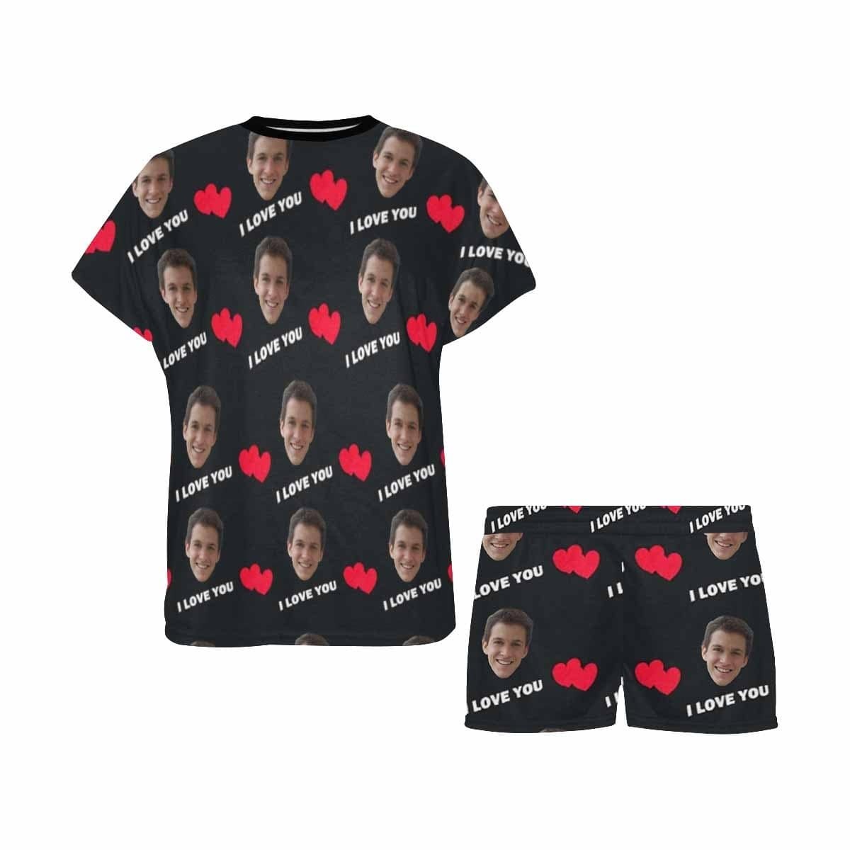 FacePajamas Pajama Custom Face Pajamas I Love You Loungewear Personalized Black Women's Short Pajama Set Honeymoon Anniversary Gift