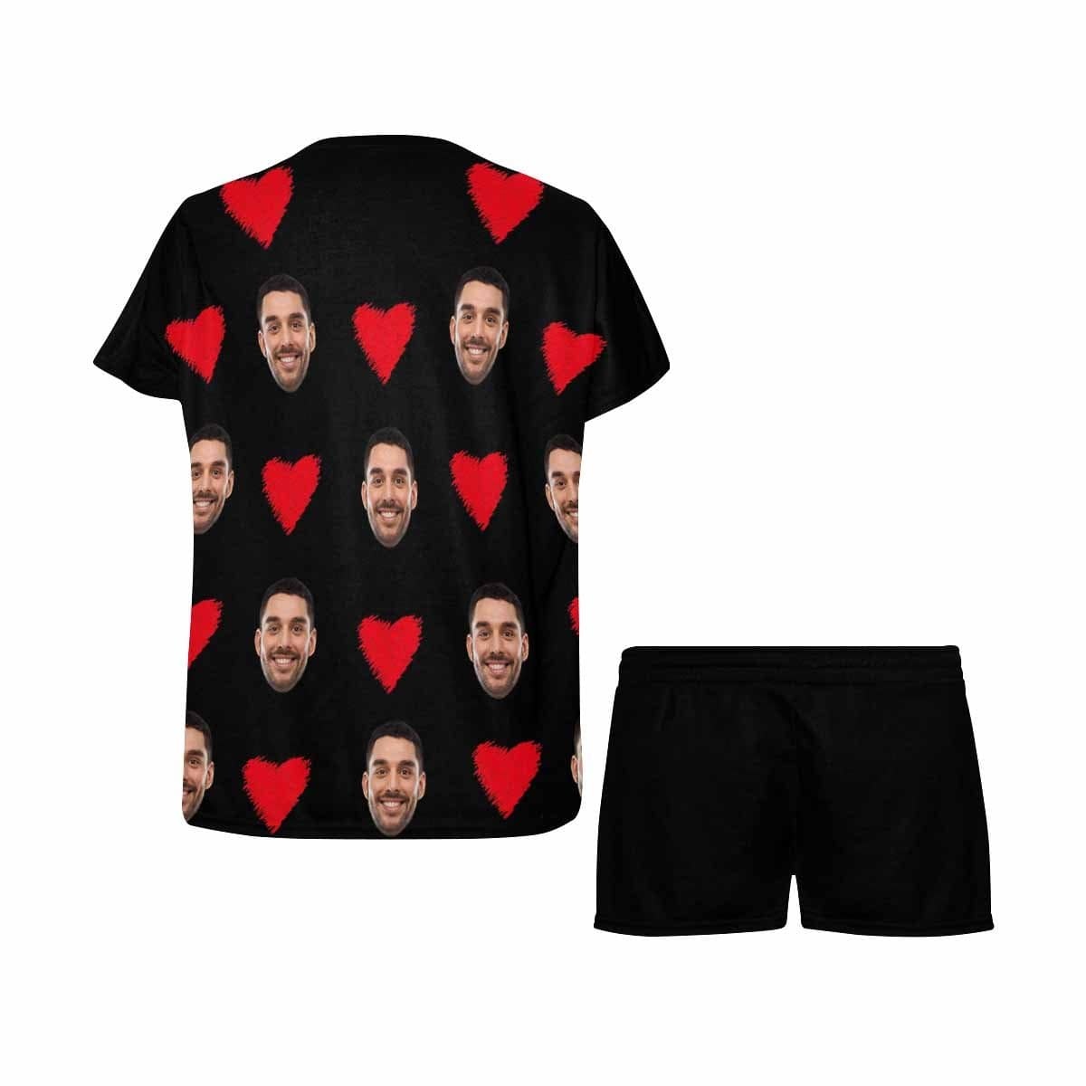 FacePajamas Pajama Custom Face Pajamas Love Heart Loungewear Personalized Black Women's Short Pajama Set Valentines Gift