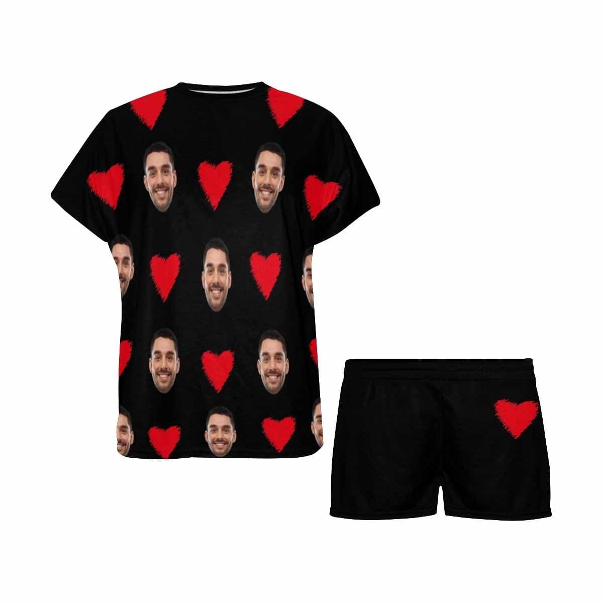 FacePajamas Pajama Custom Face Pajamas Love Heart Loungewear Personalized Black Women's Short Pajama Set Valentines Gift