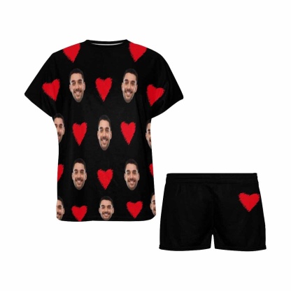 FacePajamas Pajama Custom Face Pajamas Love Heart Loungewear Personalized Black Women's Short Pajama Set Valentines Gift