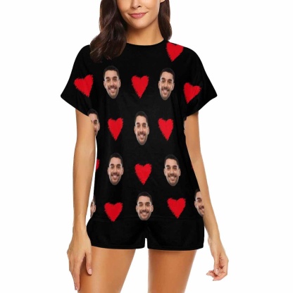 FacePajamas Pajama Custom Face Pajamas Love Heart Loungewear Personalized Black Women's Short Pajama Set Valentines Gift