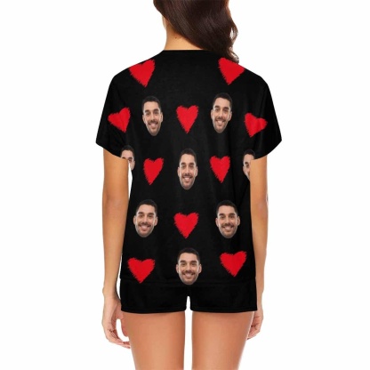 FacePajamas Pajama Custom Face Pajamas Love Heart Loungewear Personalized Black Women's Short Pajama Set Valentines Gift