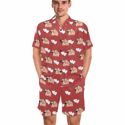 FacePajamas Custom Face Pajamas Love Summer Loungewear Personalized Couple Matching V-Neck Short Pajama Set