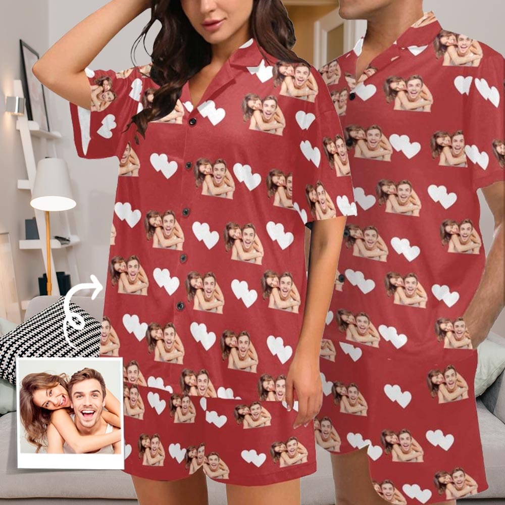 FacePajamas Custom Face Pajamas Love Summer Loungewear Personalized Couple Matching V-Neck Short Pajama Set