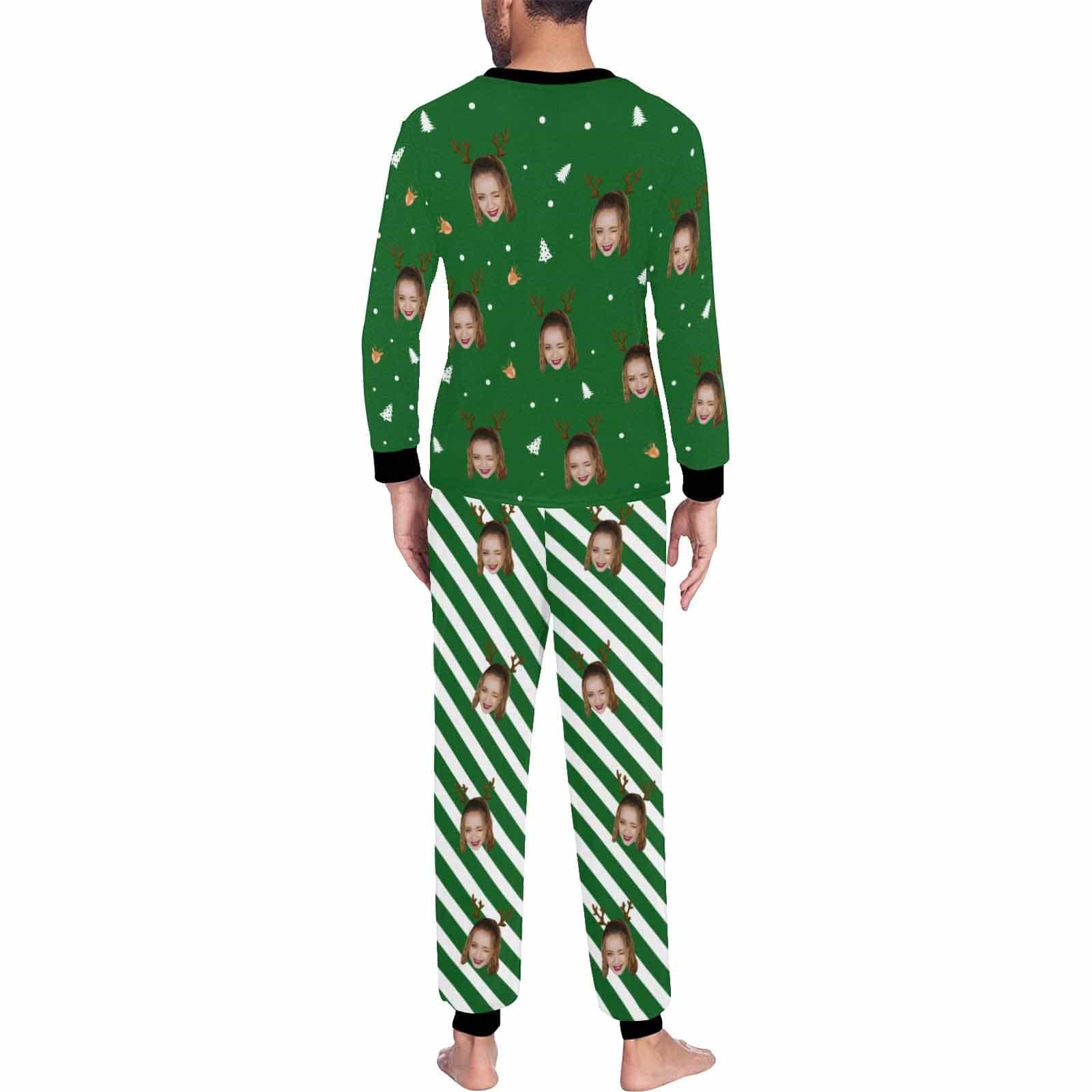 FacePajamas Pajamas Custom Face Pajamas Personalized Christmas Trees and Antlers Men's Crew Neck Long Sleeve Pajama Set