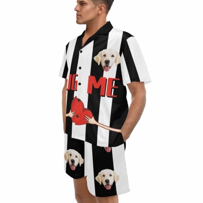 FacePajamas Custom Face Pajamas Personalized Hug Me Men's V-Neck Short Sleeve Pajama Set Valentines Day Gift