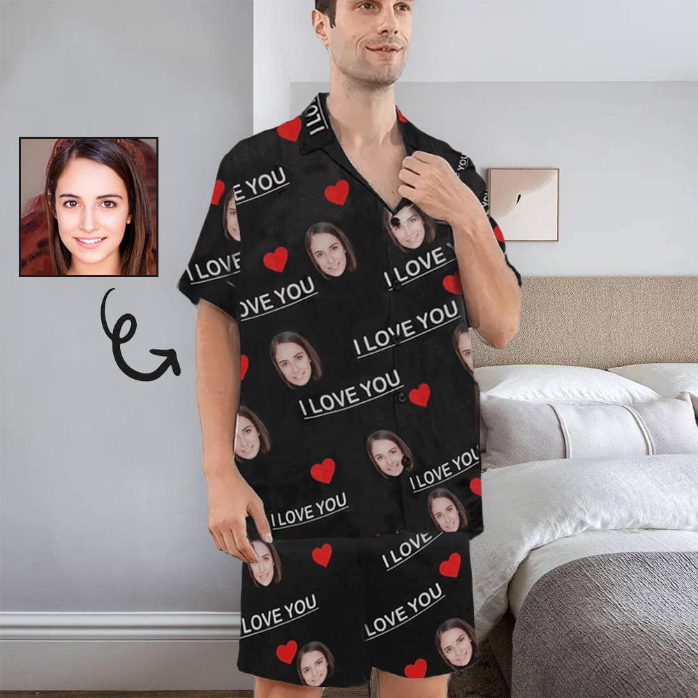 FacePajamas Pajama Custom Face Pajamas Personalized I Love You Men's V-Neck Short Sleeve Pajama Set Valentines Day Gift