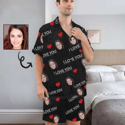 FacePajamas Pajama Custom Face Pajamas Personalized I Love You Men's V-Neck Short Sleeve Pajama Set Valentines Day Gift