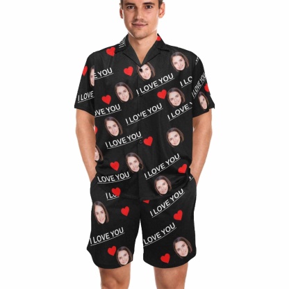 FacePajamas Pajama Custom Face Pajamas Personalized I Love You Men's V-Neck Short Sleeve Pajama Set Valentines Day Gift