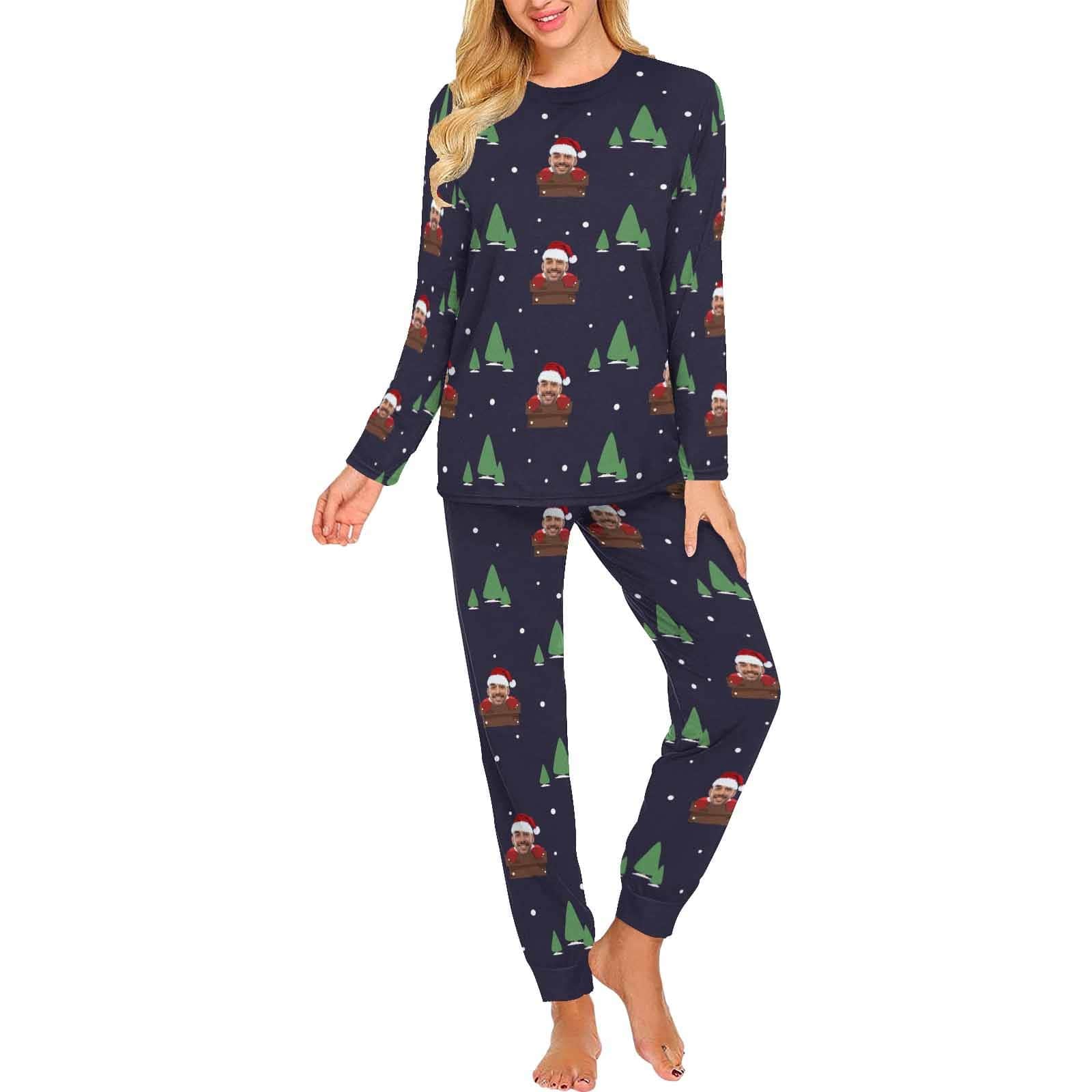 FacePajamas Custom Face Pajamas Personalized Santa Claus and Tree Women's Crew Neck Long Sleeve Pajama Set