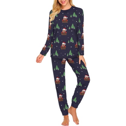 FacePajamas Custom Face Pajamas Personalized Santa Claus and Tree Women's Crew Neck Long Sleeve Pajama Set