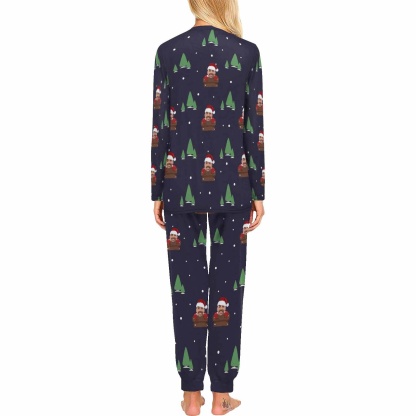 FacePajamas Custom Face Pajamas Personalized Santa Claus and Tree Women's Crew Neck Long Sleeve Pajama Set