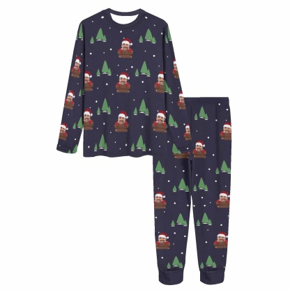 FacePajamas Custom Face Pajamas Personalized Santa Claus and Tree Women's Crew Neck Long Sleeve Pajama Set