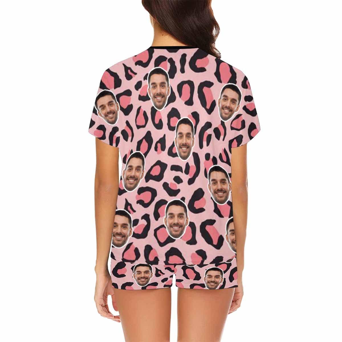 FacePajamas Pajama Custom Face Pajamas Pink Leopard Sleepwear Personalized Women's Short Pajama Set