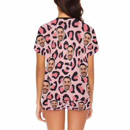 FacePajamas Pajama Custom Face Pajamas Pink Leopard Sleepwear Personalized Women's Short Pajama Set