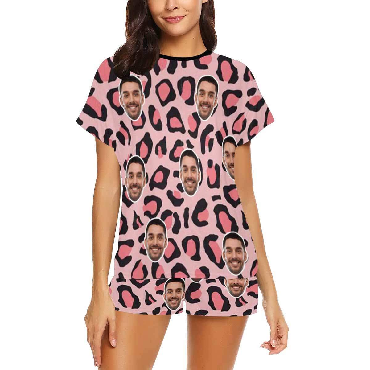 FacePajamas Pajama Custom Face Pajamas Pink Leopard Sleepwear Personalized Women's Short Pajama Set