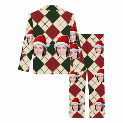 FacePajamas Pajama Custom Face Pajamas Red&Green Argyle Sleepwear Personalized Women's Slumber Party Long Pajama Set