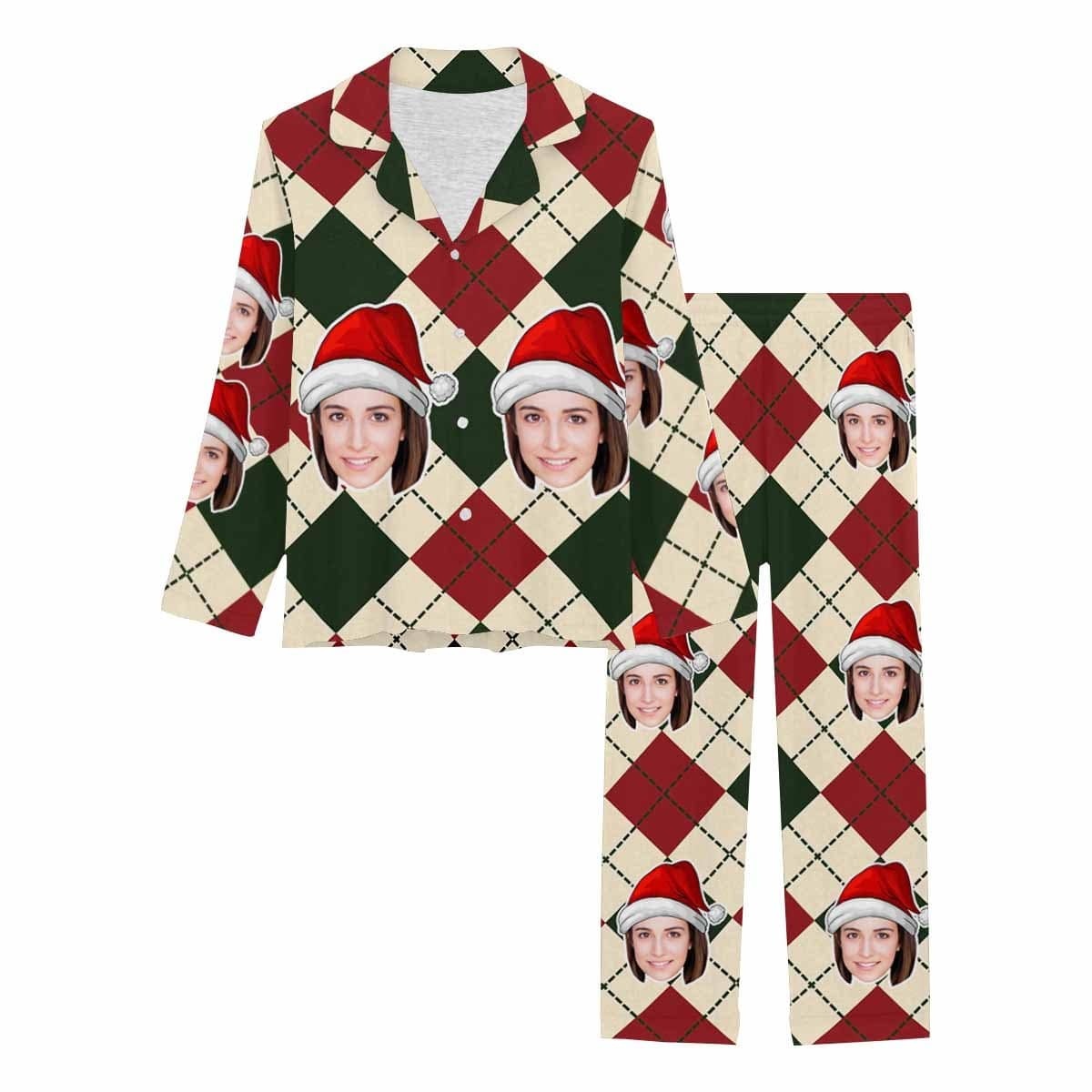 FacePajamas Pajama Custom Face Pajamas Red&Green Argyle Sleepwear Personalized Women's Slumber Party Long Pajama Set