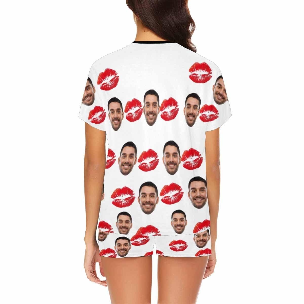 FacePajamas Pajama Custom Face Pajamas Red Lips Print Sleepwear Personalized Women's Short Pajama Set For Her