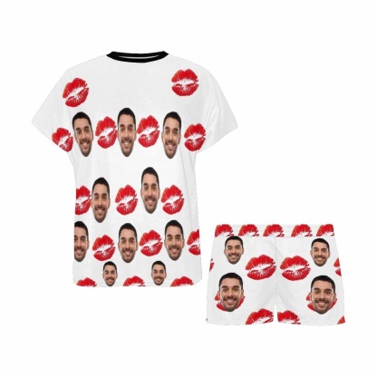 FacePajamas Pajama Custom Face Pajamas Red Lips Print Sleepwear Personalized Women's Short Pajama Set For Her