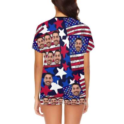 FacePajamas Pajama Custom Face Pajamas Red Stripes Blue Stars Stitching Loungewear Personalized Women's Short Pajama Set