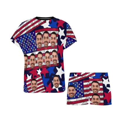 FacePajamas Pajama Custom Face Pajamas Red Stripes Blue Stars Stitching Loungewear Personalized Women's Short Pajama Set