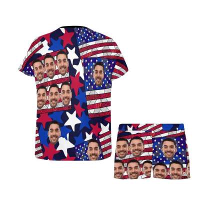 FacePajamas Pajama Custom Face Pajamas Red Stripes Blue Stars Stitching Loungewear Personalized Women's Short Pajama Set