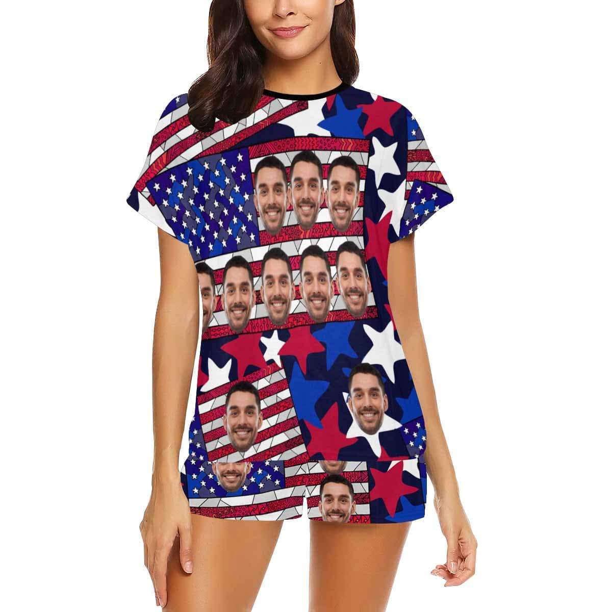 FacePajamas Pajama Custom Face Pajamas Red Stripes Blue Stars Stitching Loungewear Personalized Women's Short Pajama Set
