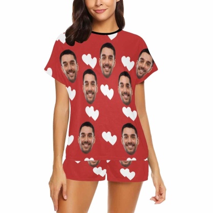 FacePajamas Pajama Custom Face Pajamas Red White Love Sleepwear for her Personalized Women's Short Pajama Set