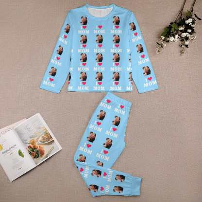 FacePajamas Mother-kid Pajamas Custom Face Pajamas Sets Blue Pink Love Mom Mother-kid Matching Nightwear Mother's Day & Birthday Gift