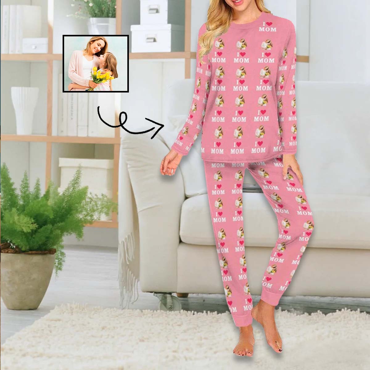 FacePajamas Mother-kid Pajamas Custom Face Pajamas Sets Blue Pink Love Mom Mother-kid Matching Nightwear Mother's Day & Birthday Gift