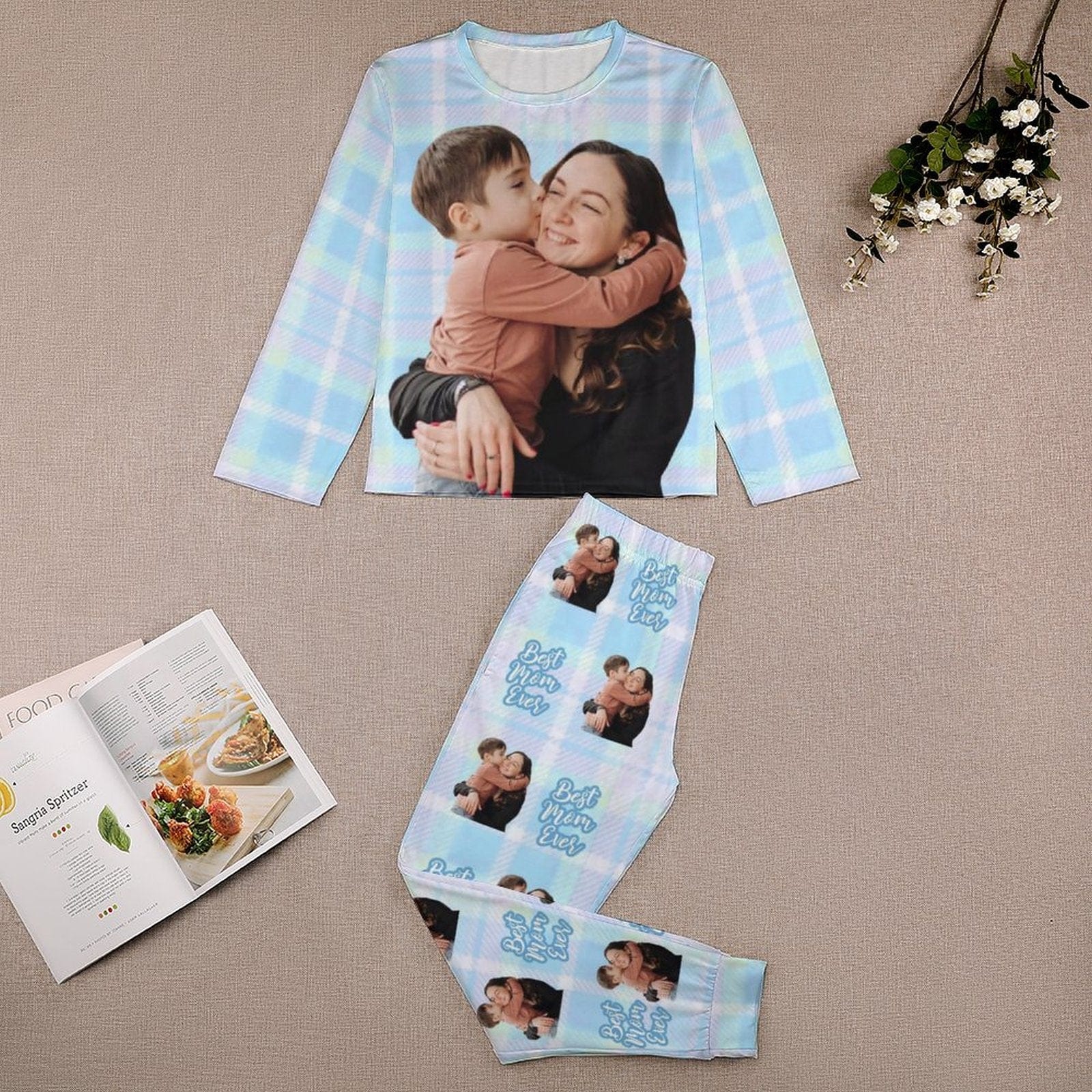 FacePajamas Mother-kid Pajamas Custom Face Pajamas Sets Pink Blue Plaid Photo Pajamas Mother-kid Matching Nightwear Mother's Day & Birthday Gift
