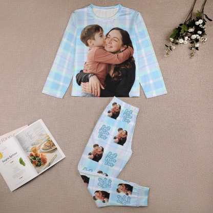 FacePajamas Mother-kid Pajamas Custom Face Pajamas Sets Pink Blue Plaid Photo Pajamas Mother-kid Matching Nightwear Mother's Day & Birthday Gift