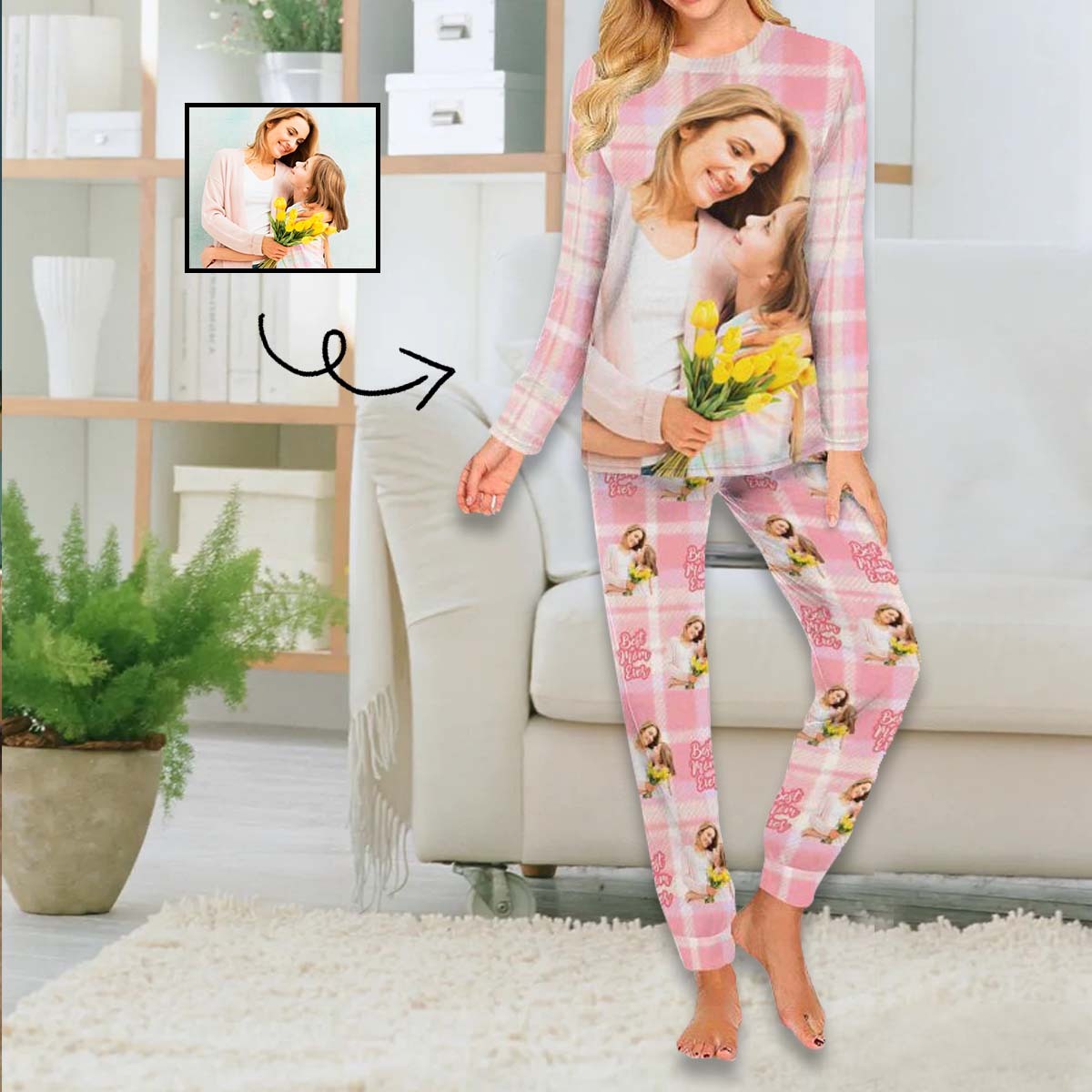 FacePajamas Mother-kid Pajamas Custom Face Pajamas Sets Pink Blue Plaid Photo Pajamas Mother-kid Matching Nightwear Mother's Day & Birthday Gift