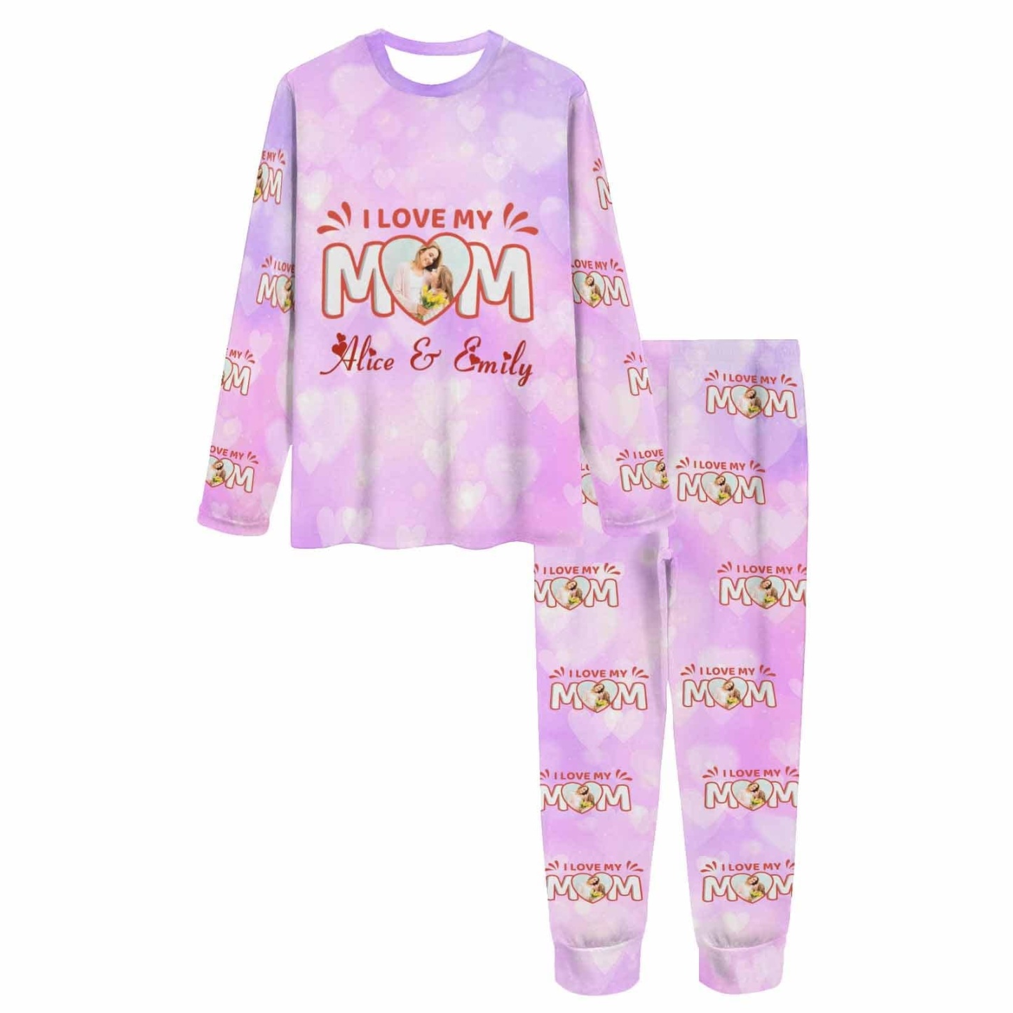 FacePajamas 387560669431 Custom Face Pajamas Sets Pink Purple Heart Love Mom Mother-kid Matching Nightwear Mother's Day & Birthday Gift