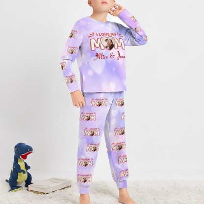 FacePajamas 387560669431 Custom Face Pajamas Sets Pink Purple Heart Love Mom Mother-kid Matching Nightwear Mother's Day & Birthday Gift