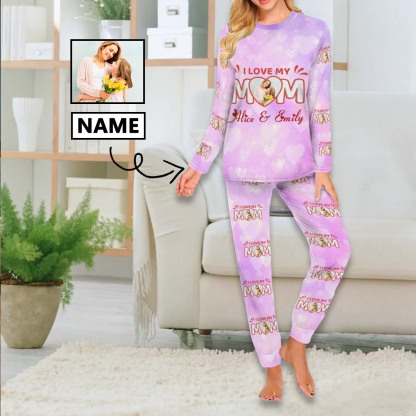 FacePajamas 387560669431 Custom Face Pajamas Sets Pink Purple Heart Love Mom Mother-kid Matching Nightwear Mother's Day & Birthday Gift