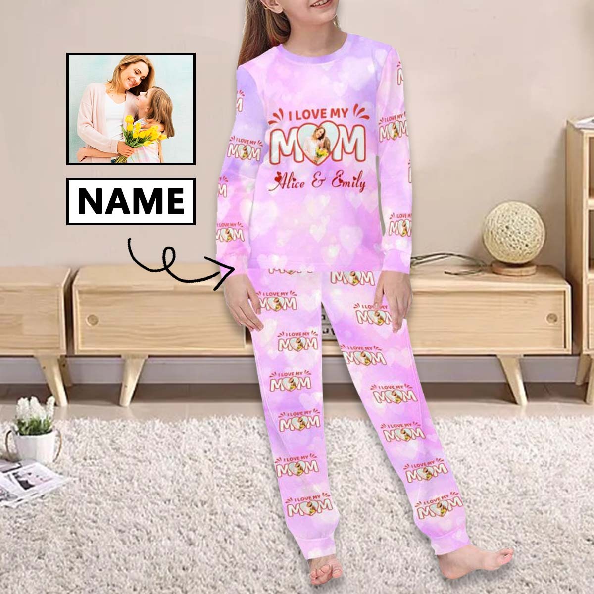 FacePajamas 387560669431 Custom Face Pajamas Sets Pink Purple Heart Love Mom Mother-kid Matching Nightwear Mother's Day & Birthday Gift